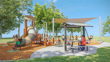Artist's impression of children playing to demonstrate the final design of Ritchie Park Playspace