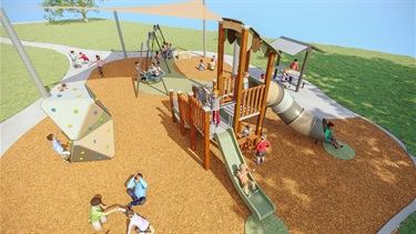 Artist's impression of children playing to demonstrate the final design of Ritchie Park Playspace