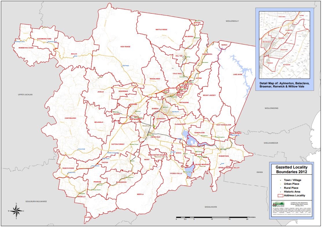 Wingecarribee gazetted boundaries, localities and suburbs map - small