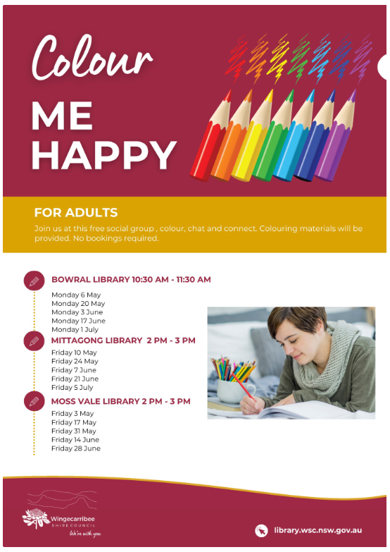 Colour Me Happy free social colouring group flyer from Wingecarribee Shire Council