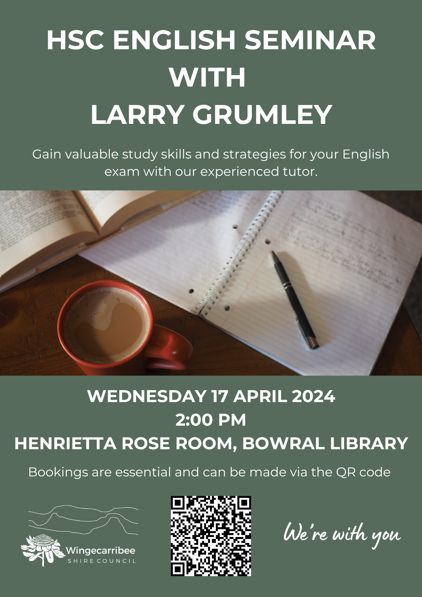 Flyer for HSC English Seminiar with Larry Grumley at Bowral Library on 17 April 2024