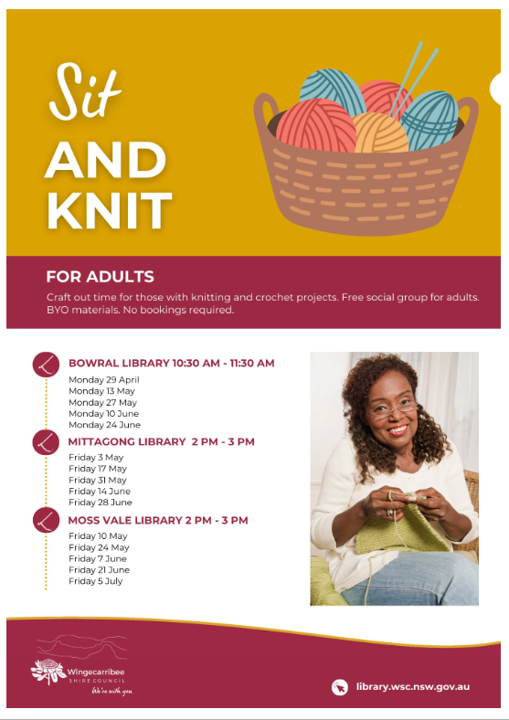 Sit and Knit Flyer for Wingecarribee Libraries social group