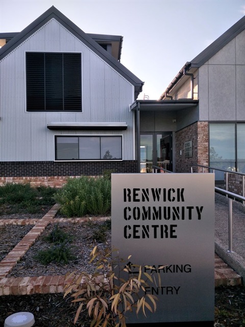 Renwick Community Centre welcome sign, garden and front entrance of building