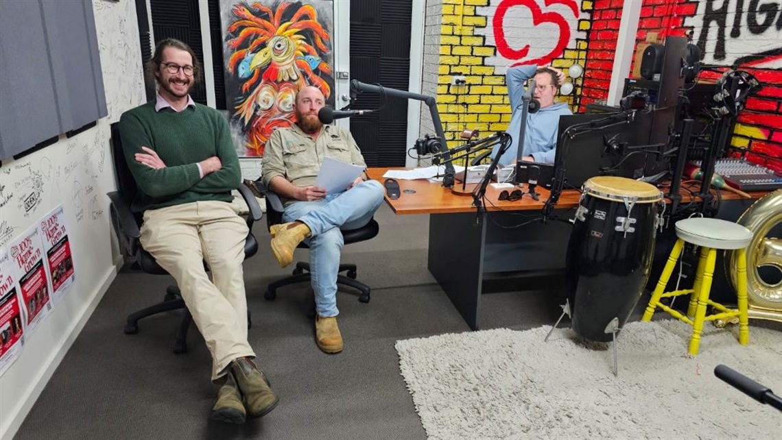 Image of Environmental Projects Officer, Patrick Tegart and Bushland and Biosecurity Team Leader, Tristan Simpson and Adam Stokeld at the podcast recording