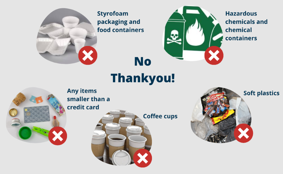 Sample images of items not accepted in the recycling, yellow lidded bin. Refer to text above for details. 