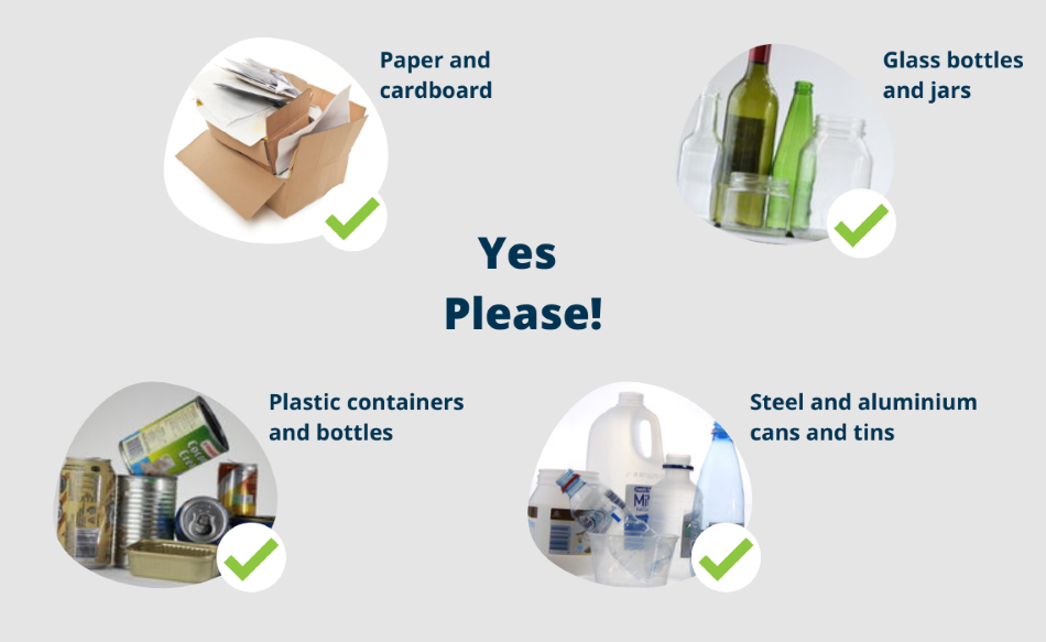Sample images of items accepted in the recycling, yellow lidded bin. Refer to text above for details. 