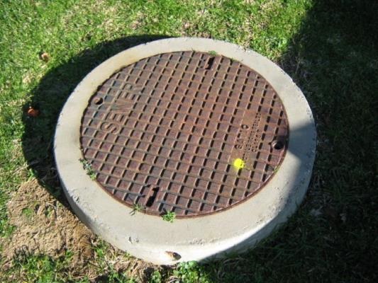 Manhole lid with green grass surrounding the lid